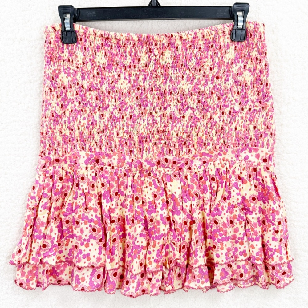 Poupette St Barth Smocked Tiered Mini Skirt Floral Size L NWT